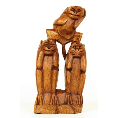 Wooden Hand Carved 3 Standing Monkeys See, Hear, Speak No Evil Figurines Handmade Art Statue Rustic Sculpture Handcrafted