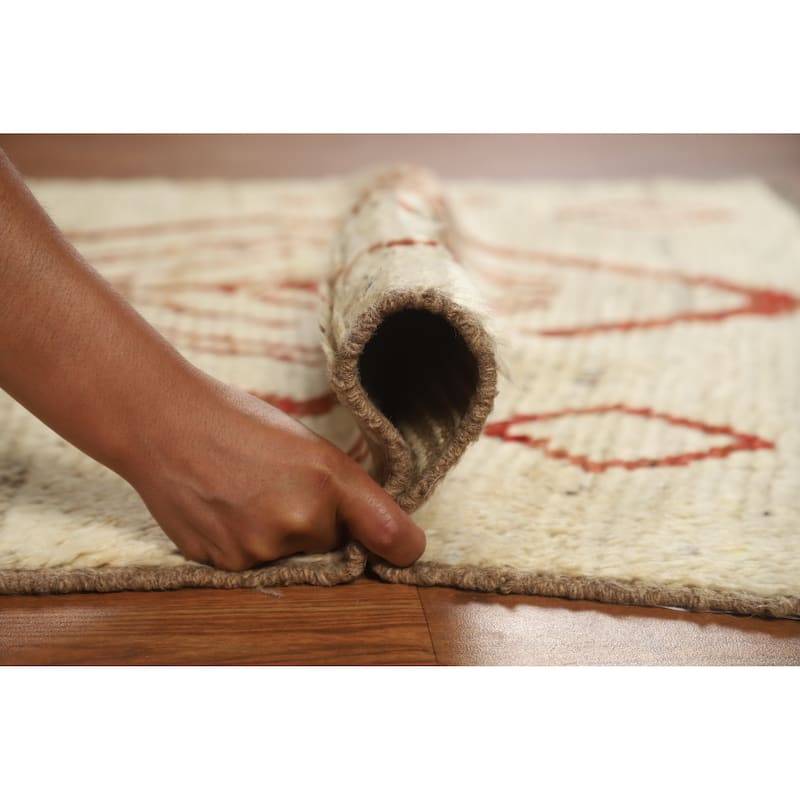 Moroccan Oriental Rug Handmade Beige Tribal Wool Carpet - 3'9" x 6'2"