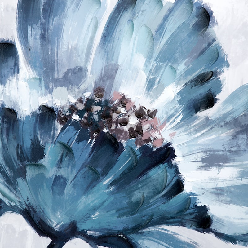 30 x 30 Embellished Handpainted Floral Canvas Wall Art, Blue and White