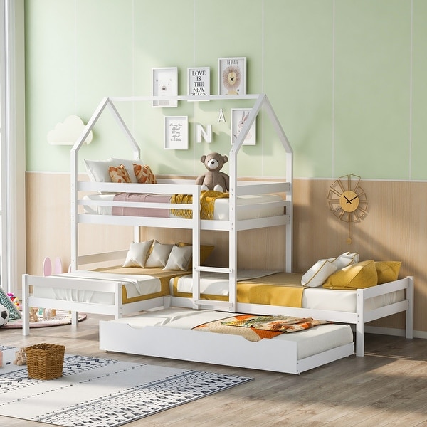 Twin over Twin Wood Triple Bed Bunk Bed With Trundle Ladder White