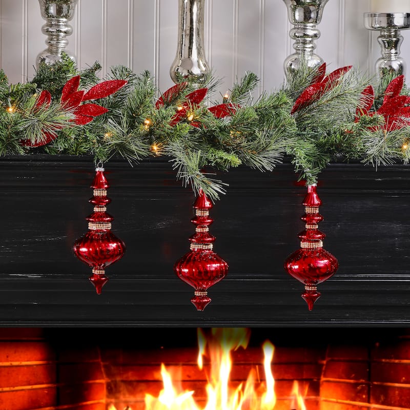 9" Glass With Diamondn Band Finial Ornament Set of 3
