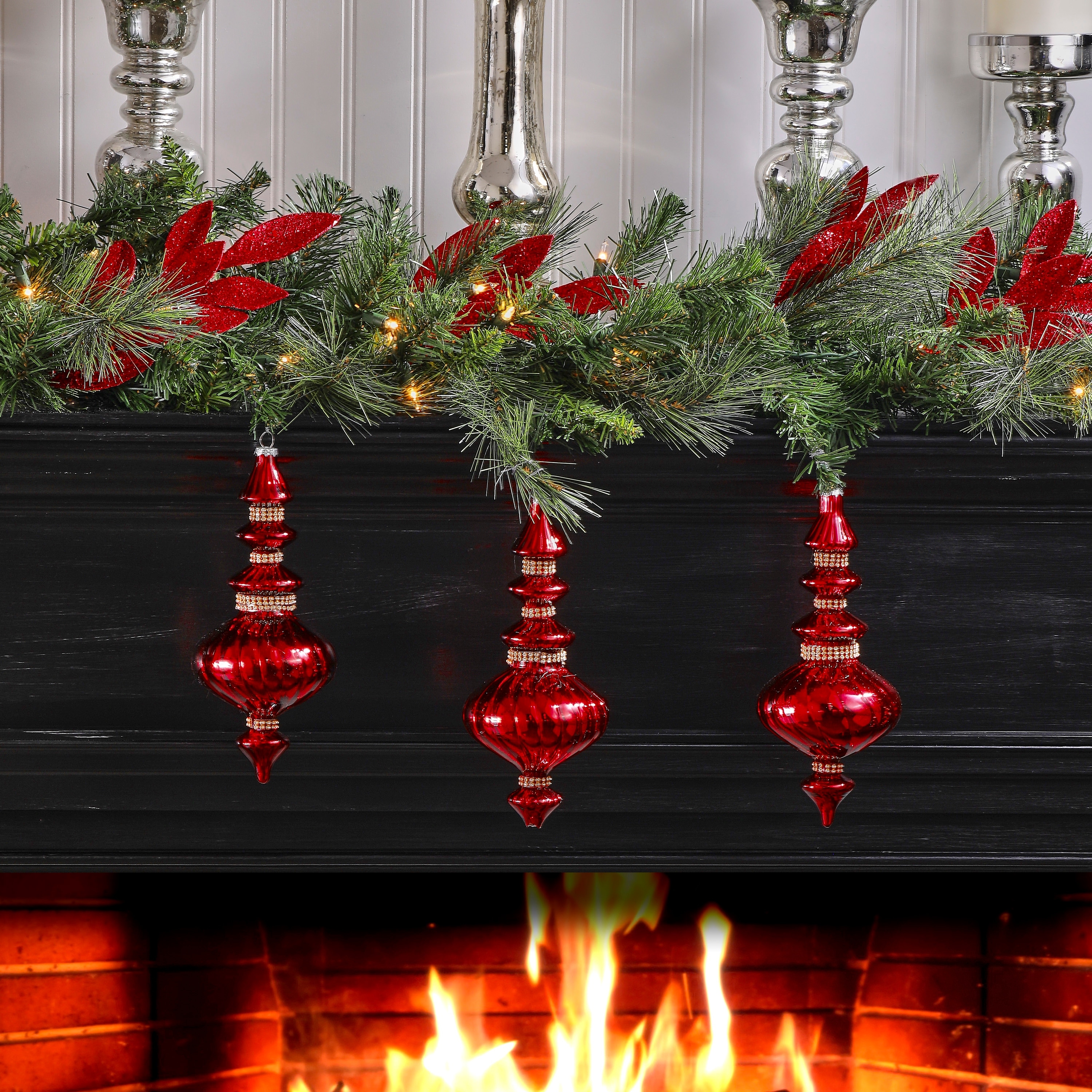 9" Glass With Diamondn Band Finial Ornament Set of 3