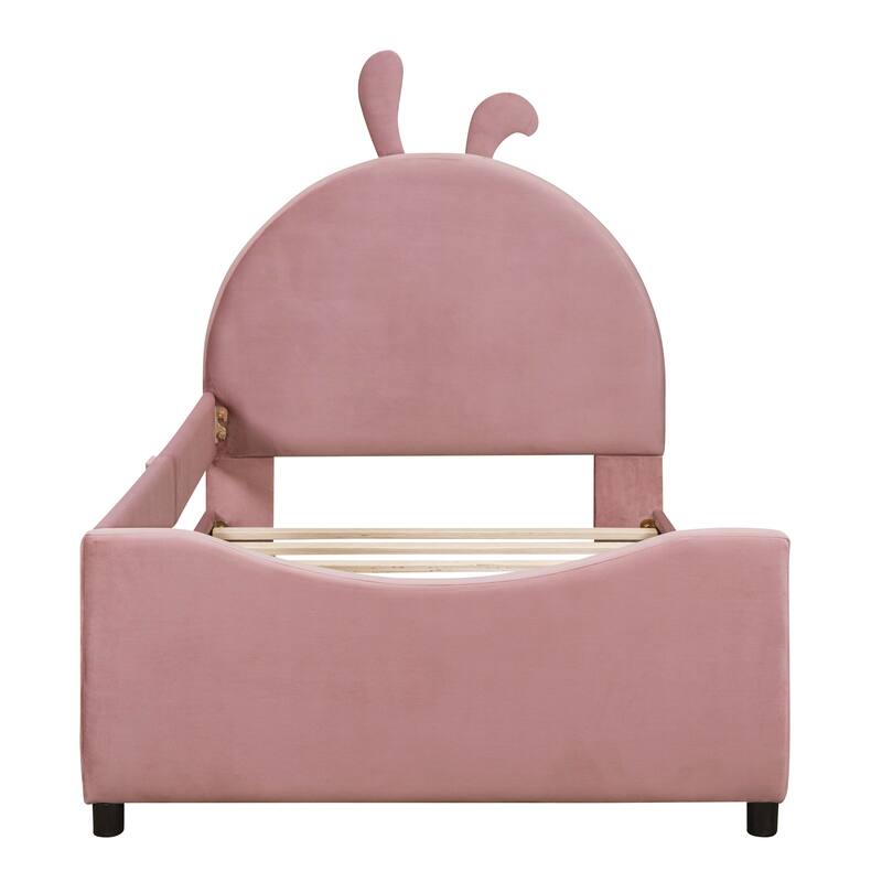 Pink Twin Upholstered Daybed with Rabbit Ear Headboard, Modern Design, Sturdy Pine Frame