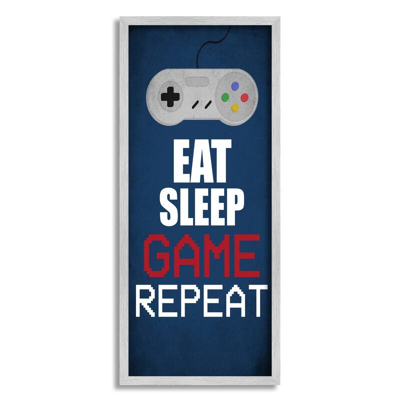 Stupell Eat Sleep Game Repeat Pixel Typography Vintage Controller Framed Wall Art - Blue - 10 x 24 - Grey
