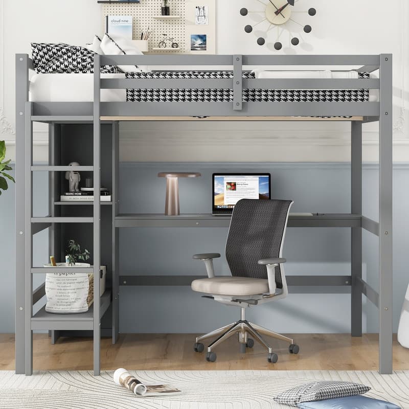 Full Size Loft Bed with Multifunction Shelves and Under-bed Desk - Gray