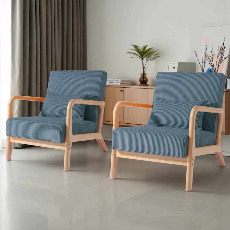 Modern Upholstered Accent Chair with Wood Legs Set of 2 - Natural Frame - Blue/Brown