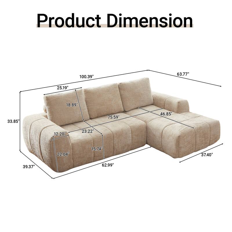 100" Modern Compression Sofa - Chenille L-Shaped Couch with Removable Pillows, No Assembly Required for Living Room