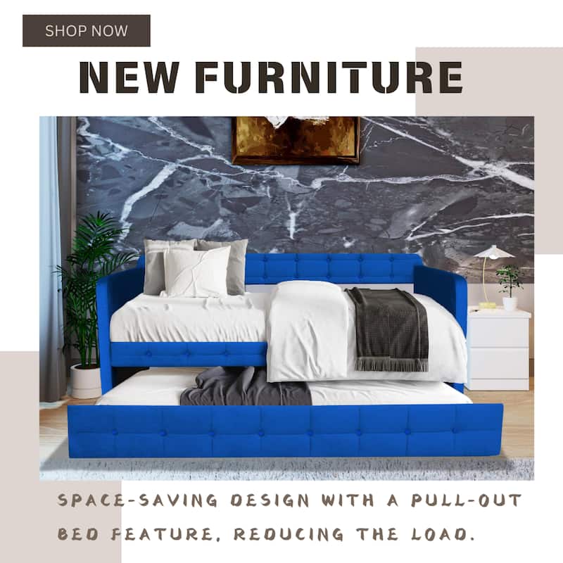 Twin Size Velvet Daybed with Trundle and Tufted Backrest