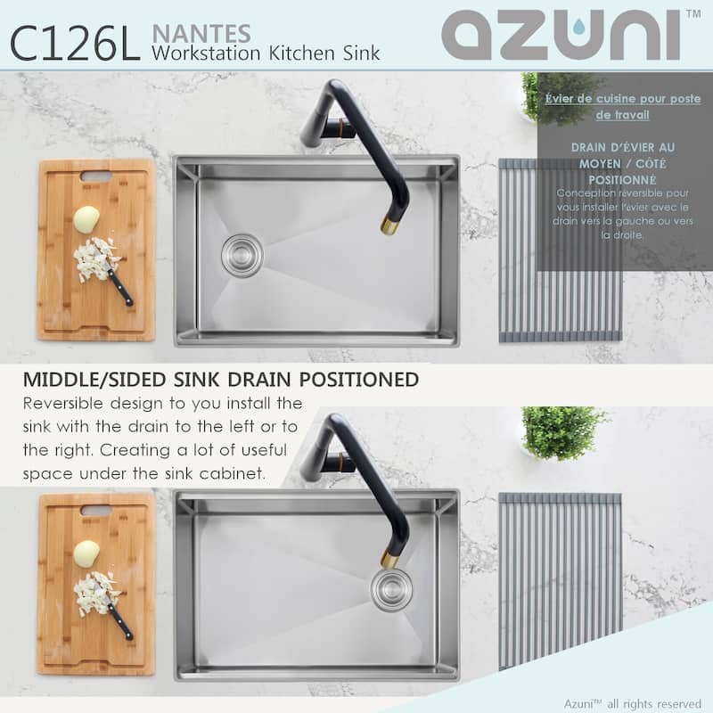 AZUNI 25"L x 19"L Single Bowl Undermount 16G Reversible Workstation Kitchen Sink with accessories C126L - 25" x 19" x 10"