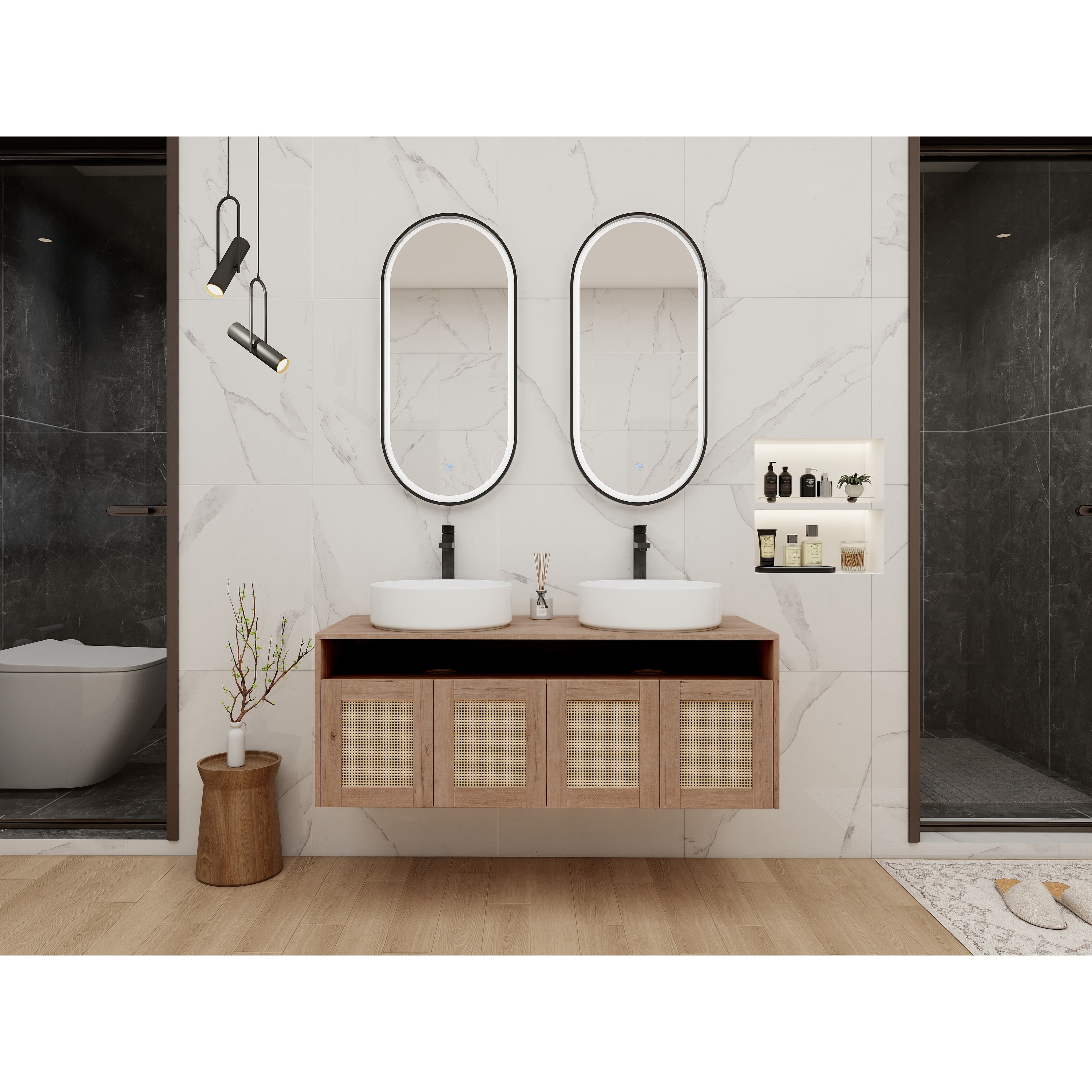 Bathroom Vanity with Double Ceramic Art Sink, Float Mounting Bathroom Storage Cabinet with 4-Soft Close Door