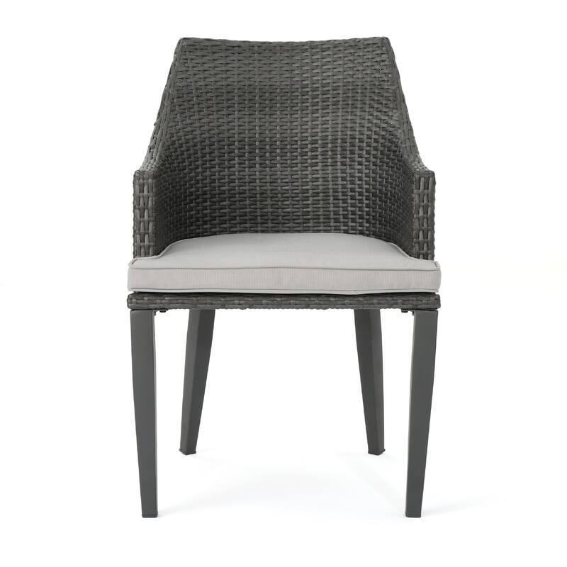 Ellish Outdoor Dining Armchair Set of 2, Gray Faux Wicker, Metal Frame
