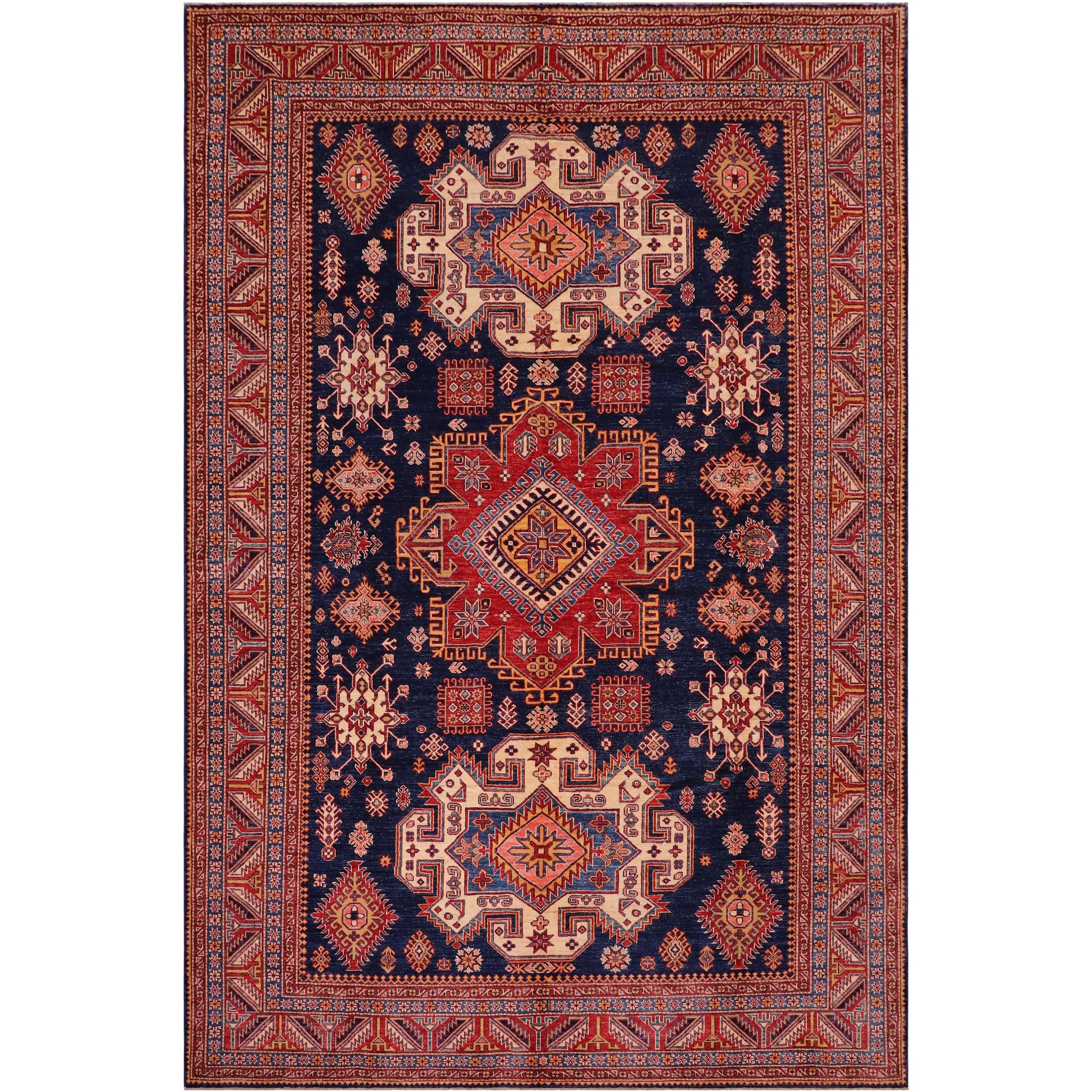 Tribal Super Kazak Paloma Blue/Red Hand Knotted Wool Rug - 8'3'' x 9'9''