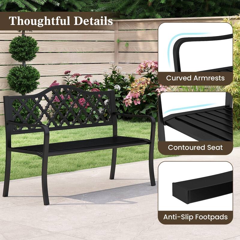 Black Metal Patio Bench with Patterned Backrest, Curved Armrests and Anti-Slip Pads - 21.5" L x 50.5" W x 35" H