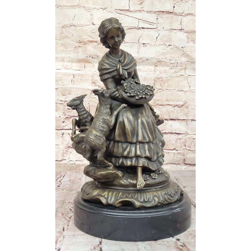 Charming Bronze Sculpture Of Young Girl With Basket Of Flowers And Playful Lamb – Classic Art Figurine On Marble Base