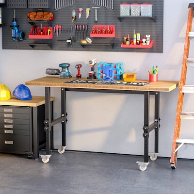 HOMCOM 59" Mobile Project Workbench Station with Height Adjustable Legs and Bamboo Tabletop, Black/Natural