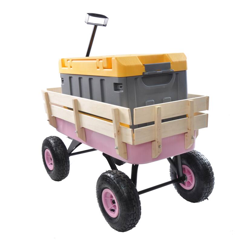 All-Terrain Garden Utility Wagon - Removable Wooden Sides, Steel Bed, 10-Inch Air Tires, and Foldable Handle