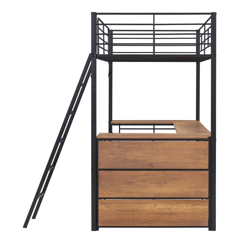 Metal Loft Bed with Under Bed L-shaped Desk and 3 Storage Shelves, Movable Ladder High Loft Bed