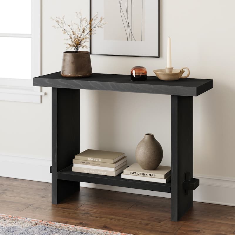 Nathan James Virgo Farmhouse 2-Tier Console Table in Wire-Brushed Wood Finish - Black