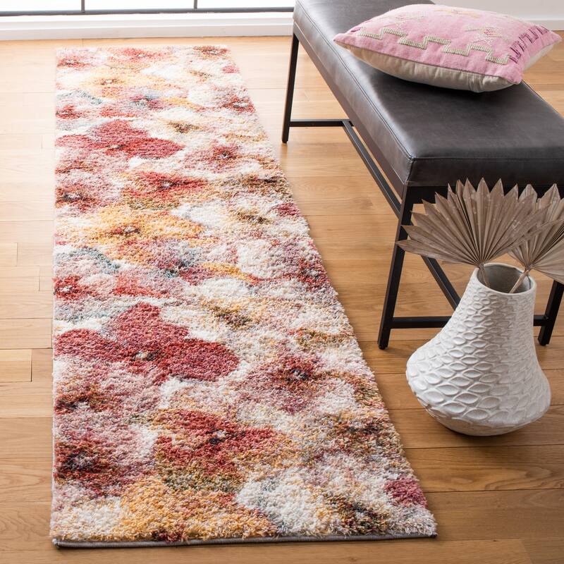 SAFAVIEH Calista Shag Marileen Abstract 1-inch Thick Rug - 2'3" x 9' Runner - Ivory/Rust