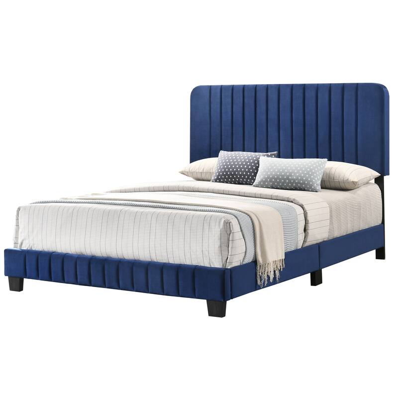 Full Size Velvet Channel-Tufted Platform Bed with Contemporary Design and Wooden Slat Support - Navy Blue