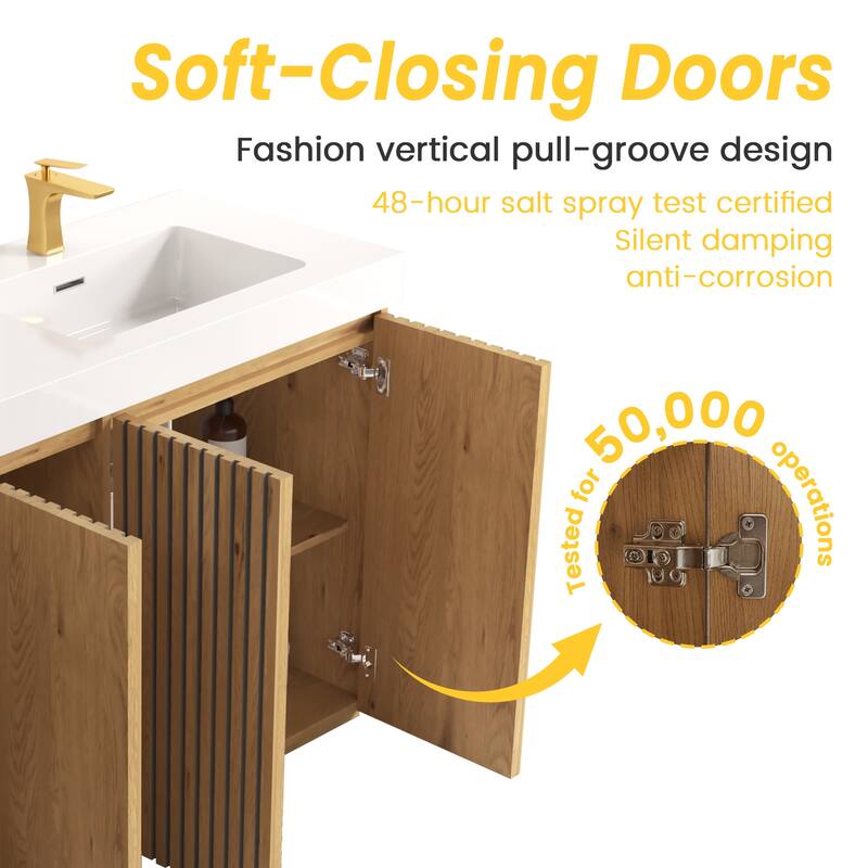 GDFStudio - Galan 60" Freestanding Bathroom Vanity with Quartz Sink, Solf Close Doors, Open Storage Shelf, NO Drain & Faucet