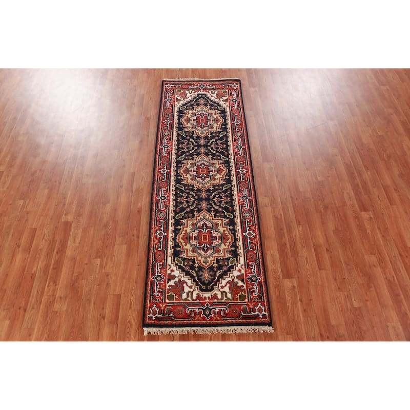 Hand Knotted Oriental 100% Wool Carpet Traditional Geometric Navy Blue & Blues Heriz (serapi) Runner Rug - 7' 10'' X 2' 7''