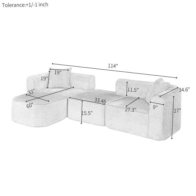 114" Cloud Sectional Couch with L Shape Chaise, Modular Corduroy Sofa with Movable Ottoman, No Assembly