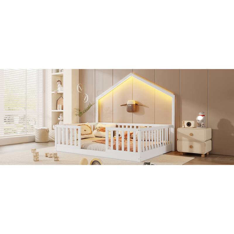 Roomfitters Twin/Full Floor Platform Bed, House Frame and LED Light with Wooden High Rails for Bedrooms or Guest Rooms