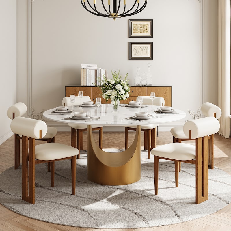 51 &59" Modern Round Dining Table for Diningroom，White Glossy Stone Tabletop,Bronze Carbon Pedestal - 59" for 6-8