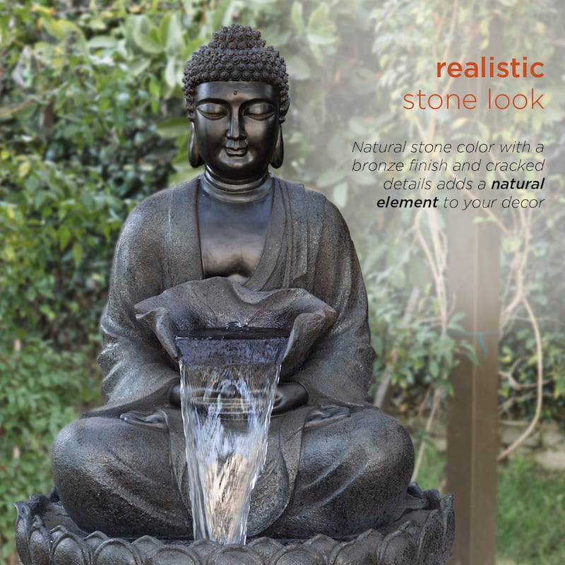Alpine Corporation WIN1170 Outdoor Floor Calming Buddha Statue Waterfall Fountain with Realistic Stone Look, 53", Gray