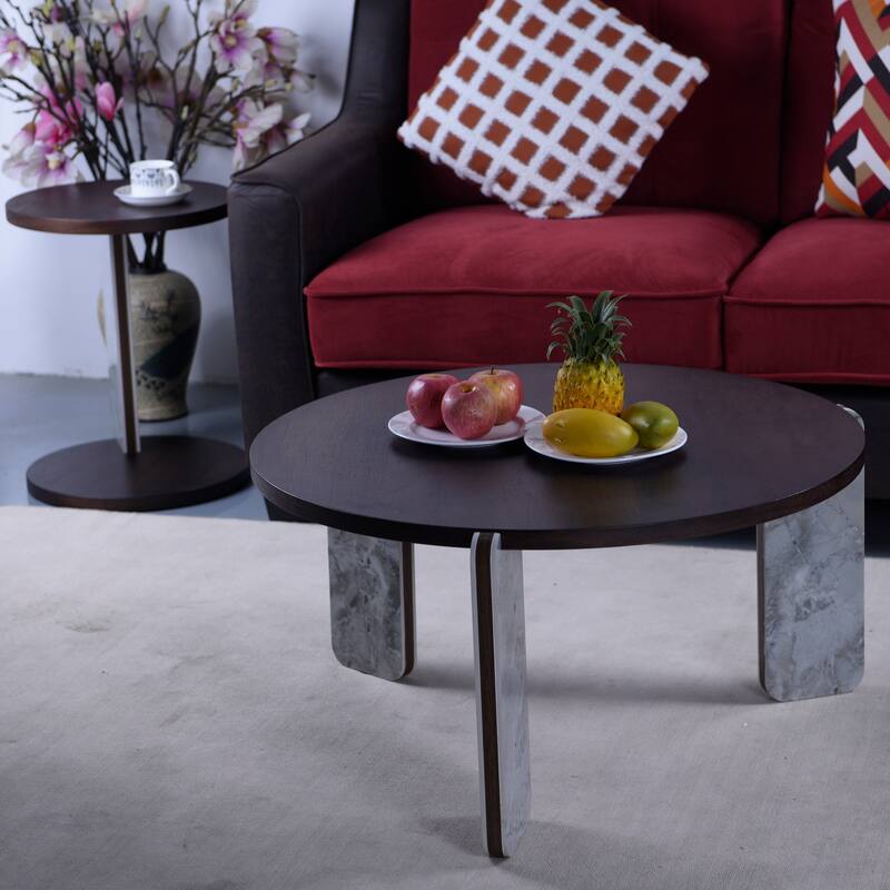 Modern Coffee Table with End Table Set, Durable Walnut Veneered MDF Center Table, Side Table for Living Room