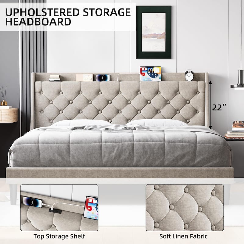 Bed Frame with Upholstered Wingback Headboard