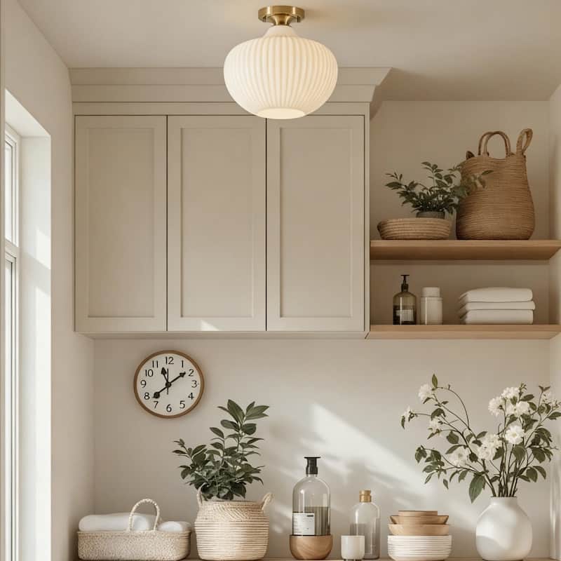 1-Light Modern Elegant Ribbed Glass Flush Mount with Brushed Brass/Matte Black Finish for Bedroom & Foyer