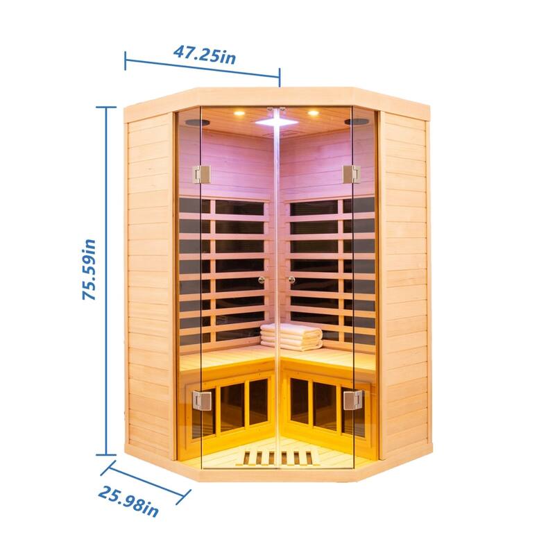 2-Person Corner Sauna with LCD Display, Touch Control, APP Control, Bluetooth and LED reading lights - 47" x 26" x 76"