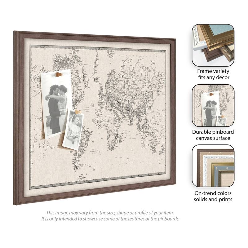 Kate and Laurel Framed Fabric Pinboard Vintage Black and White Linen World Map Wall Organization