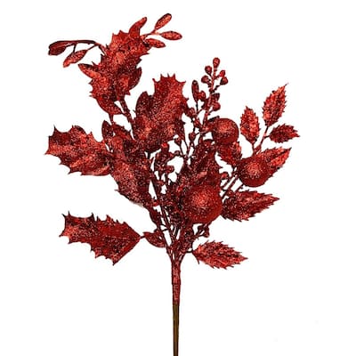 Red Glitter Holly Leaves And Ornaments Pick
