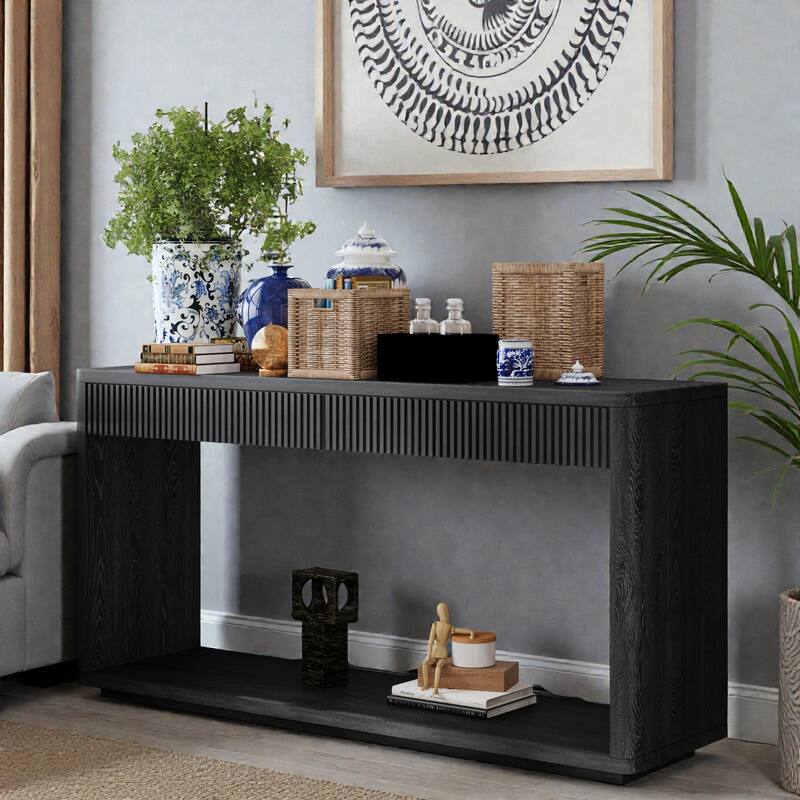 60" Modern Fluted Console Table with 2 Drawers, Natural Wood Veneer Sofa Table for Living Room Hallway Entryway - Black
