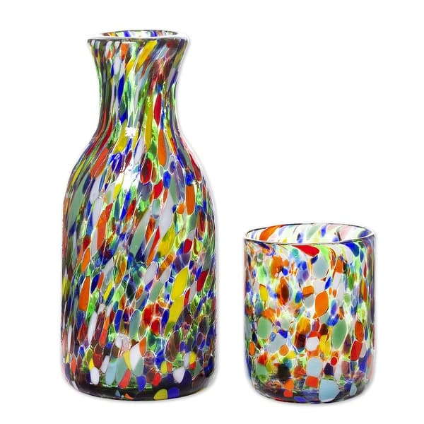 Set of Handblown Recycled Glass Carafe with Matching Cup, 'Whirling Colors