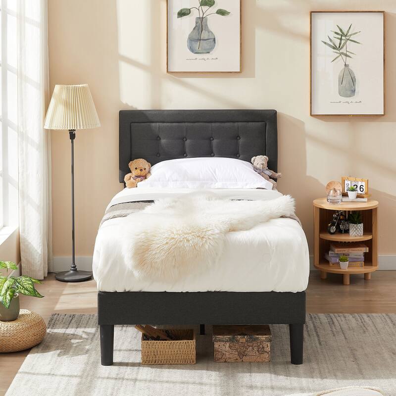 Strong Frame and Wooden Slats Support Bedframe，Platform Bed Frame with Linen Upholstered Headboard,Grey Bed Frames - Grey - Twin