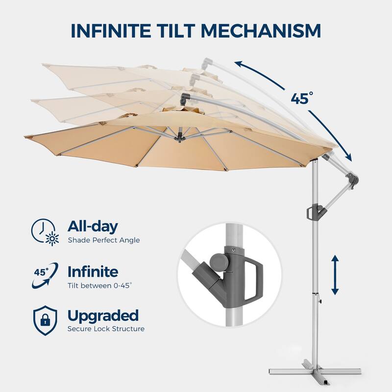 10ft Patio Umbrella, Outdoor Offset Cantilever Umbrella, Infinite Tilt, Crank and Cross Base for Garden, Swimming Pool Umbrella