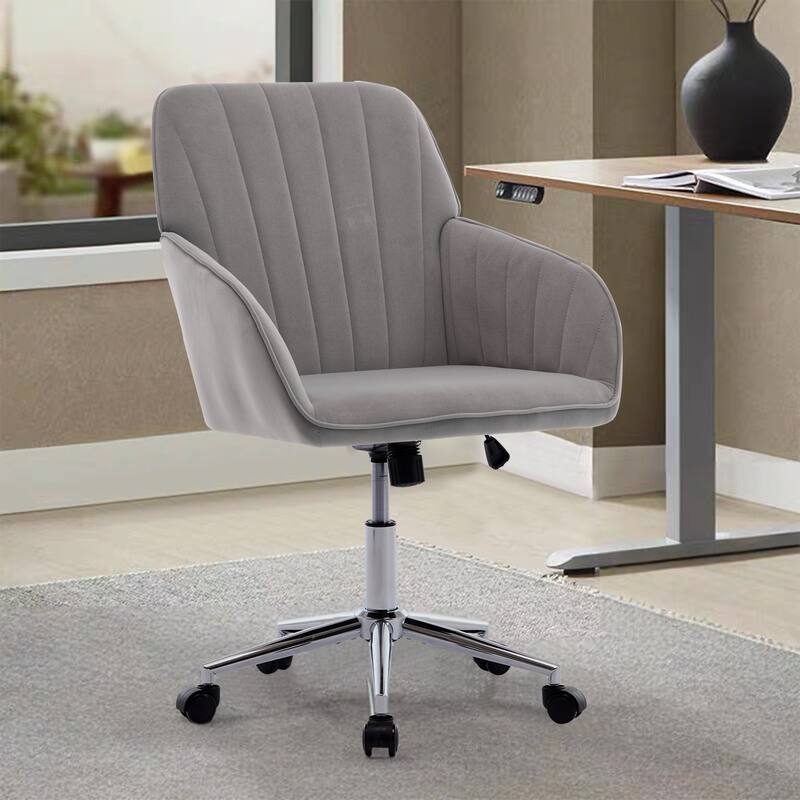 Velvet Home Office Chair, Ergonomic Swivel Study Desk Chair, Upholstered Vanity Chair with Backrest Seat and Metal Base - N/A - Gray