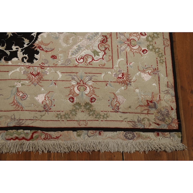 Hand Knotted Oriental Wool & Silk Carpet Traditional Floral Black Tabriz Area Rug - 7' 1'' X 4' 10''