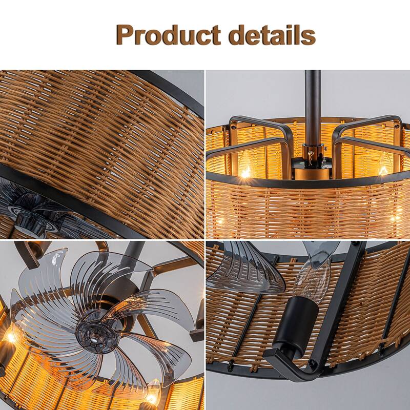 18.5 in. Farmhouse Rattan Ceiling Fan Chandelier with Remote - Black