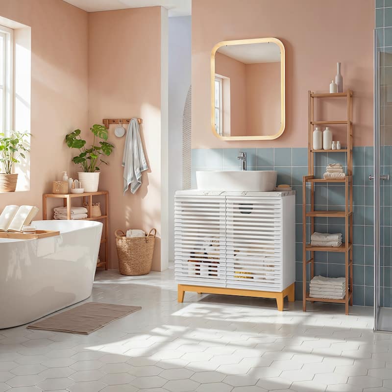 31" Bathroom Vanity with Sink, Modern Freestanding Bathroom Vanity Cabinet Artificial Stone Basin and Solid Wood Leg