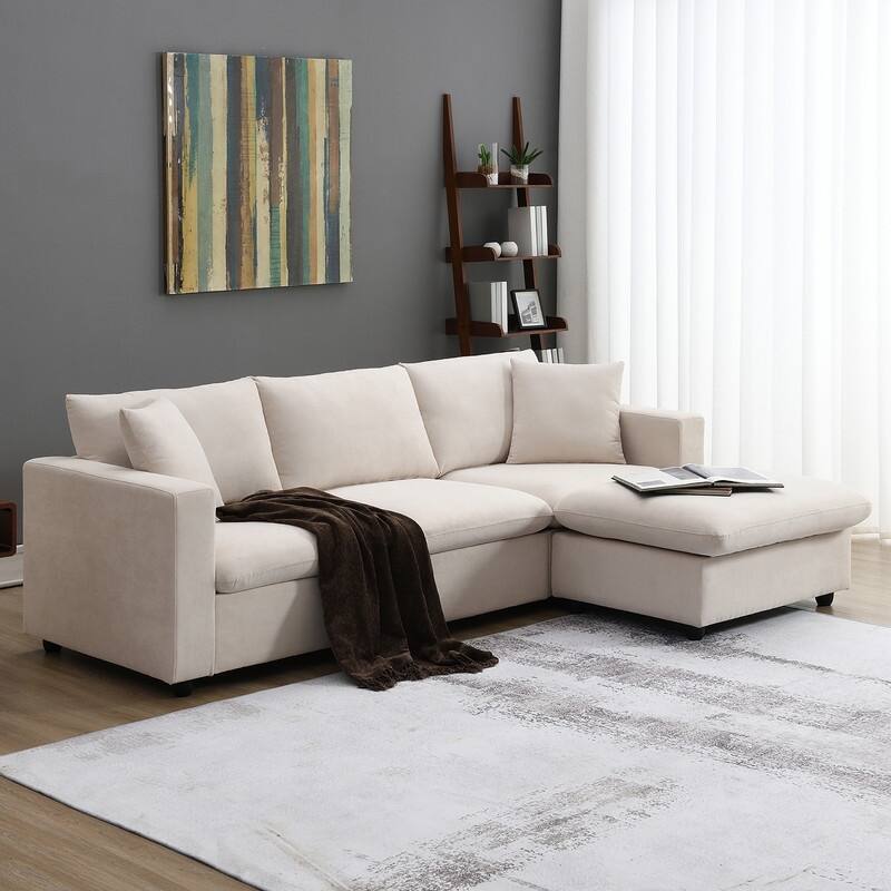 100.4" L-shaped Triple Sofa with Two Throw Pillows - Beige