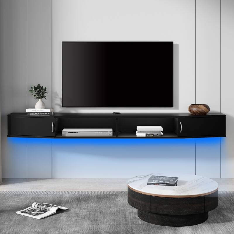 Floating TV Stand with Charging Station and LED Light - Black