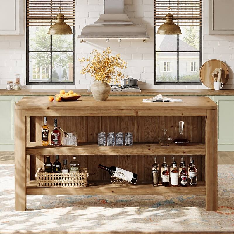 63 Inch Solid Wood Kitchen Island Table with Storage Shelves