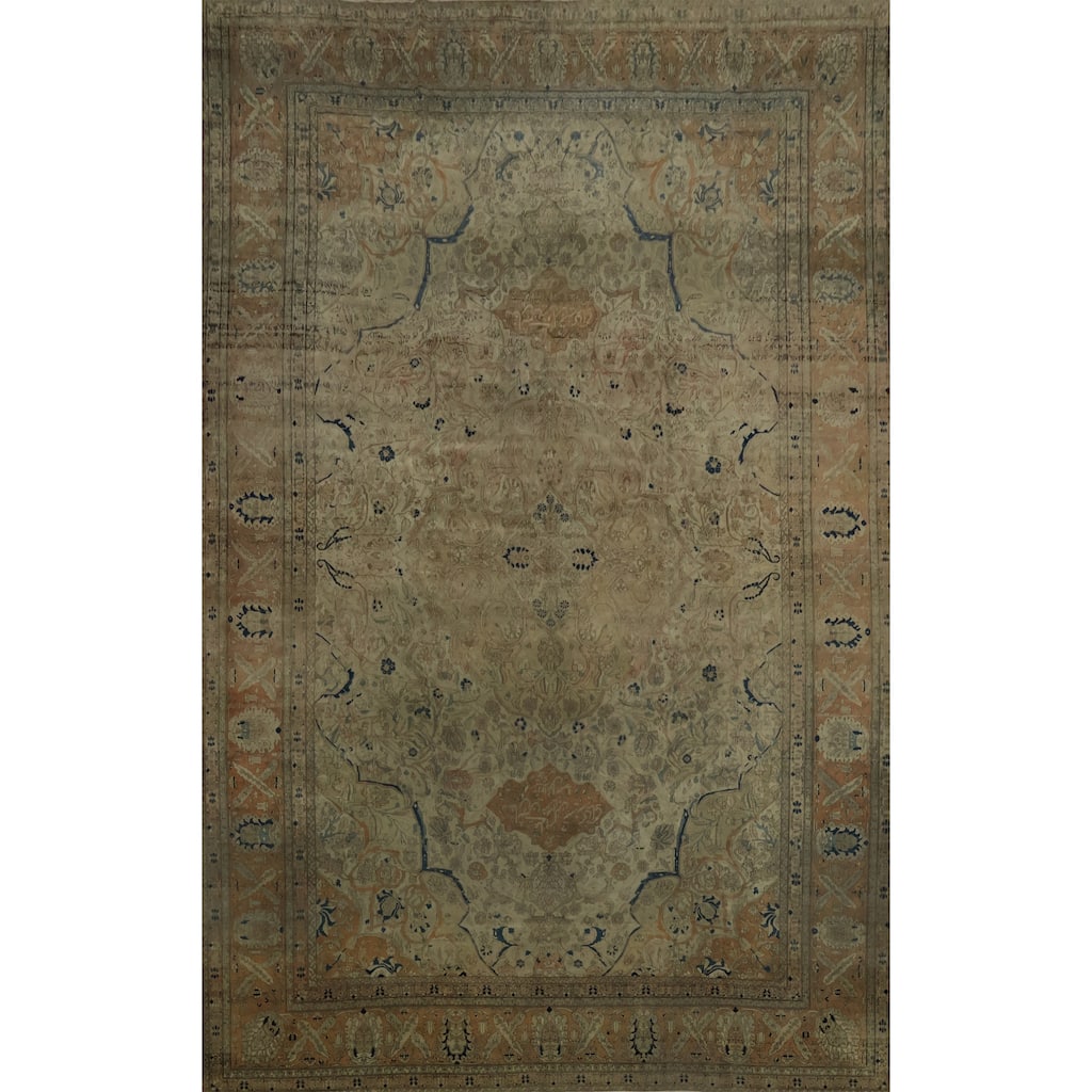 Hand Knotted Oriental 100% Wool Carpet Traditional Floral Beige & Ivories Kashan (Mohtasham) Area Rug - 16' 7'' X 12' 0''