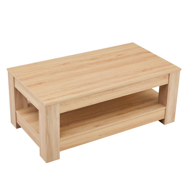 A modern and practical coffee table. The double layered coffee table is made of MDF material