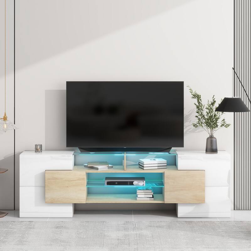 Modern TV Stand with Illuminated Glass Shelves, High Gloss UV Finish, and Ample Storage, 78.7'' Wide